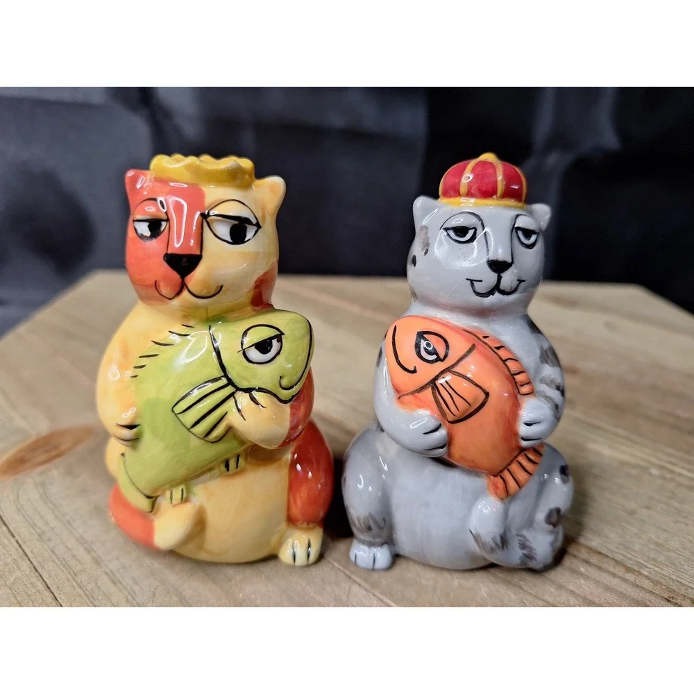 Vintage Ursula Dodge Ceramic Cat Salt and Pepper Shakers Set with Fish